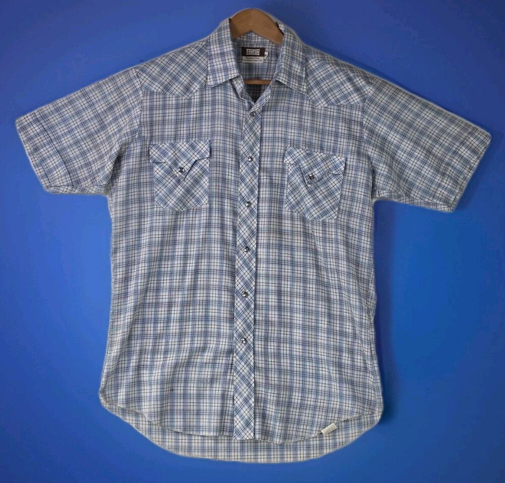 Fenton Vintage Western Pearl Snap Shirt Men’s 16 Large USA Ranchwear Blue Cowboy